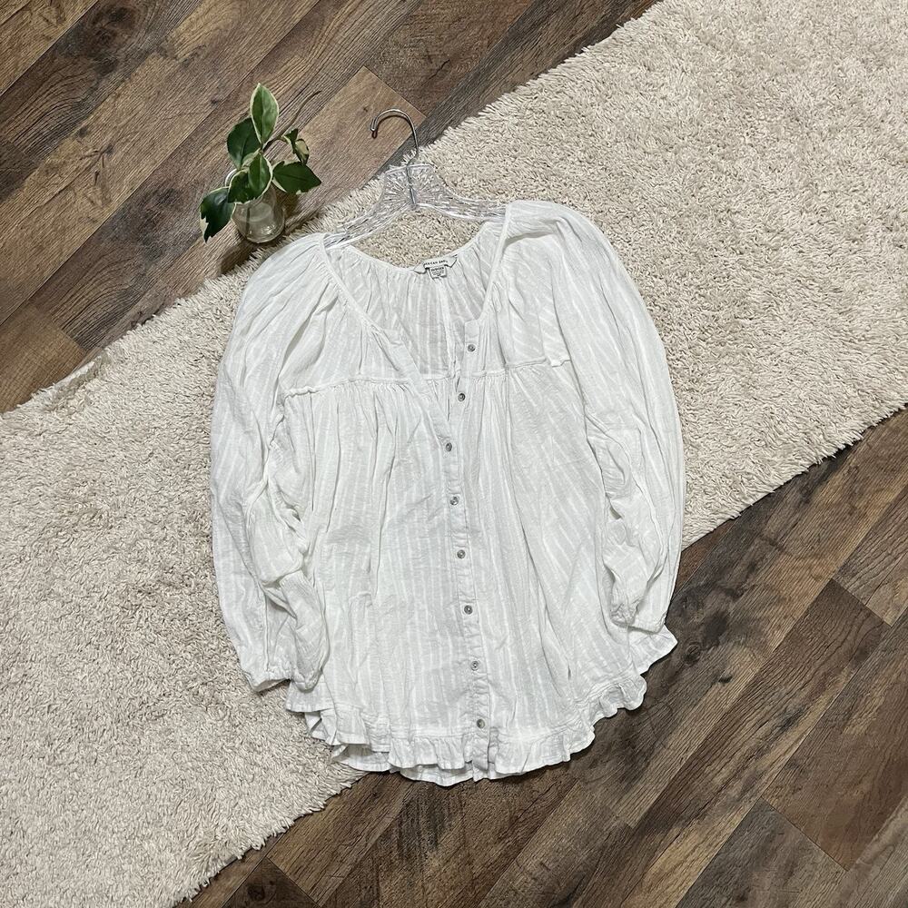 American Eagle Size XS Oversized White Striped Button Down Ruffle Peasant Top